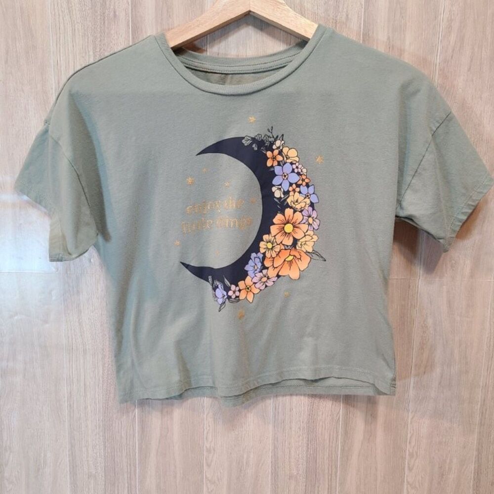 Wonder Nation Girls L 10-12 Green Graphic Crop Top Shirt Floral Moon Boho NWOT